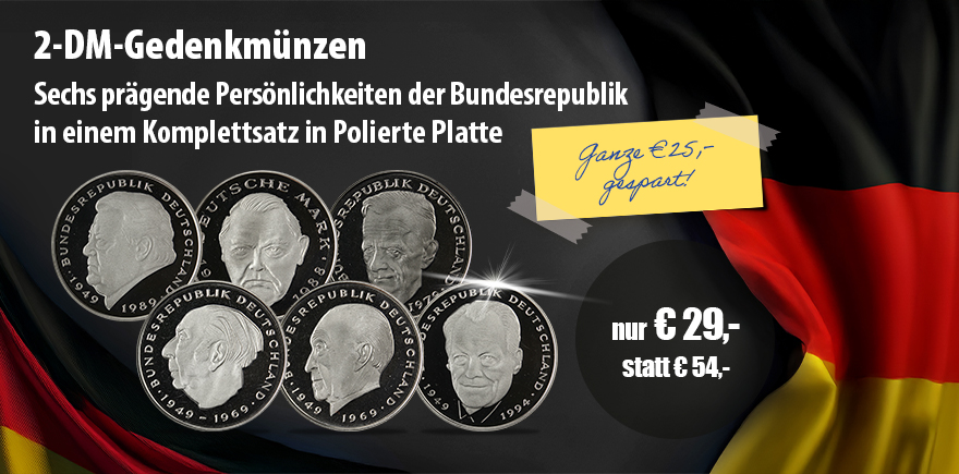  Komplettsatz BRD 6 x 2 DM 1972 - 2001 in Polierte Platte 