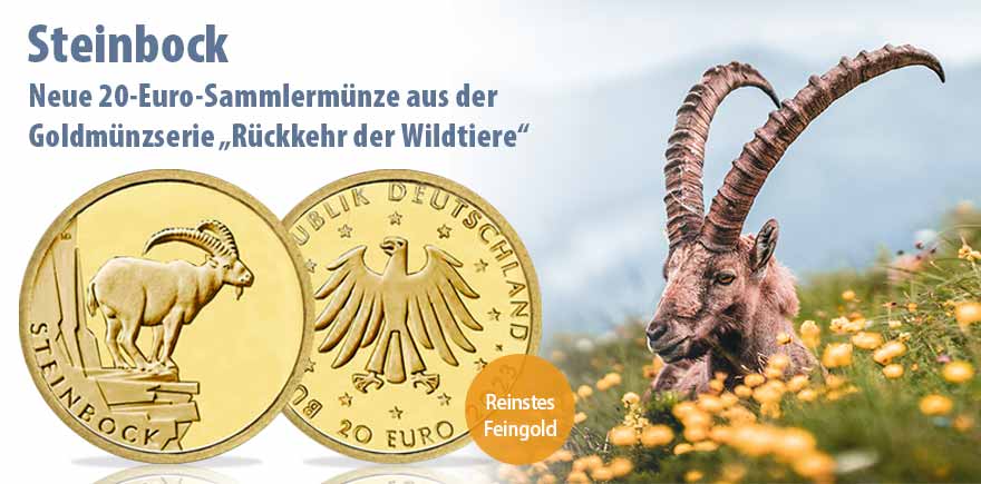 Serie Rückkehr der Wildtiere wird im Juni die zweite 20-Euro-Goldmünze, der Steinbock, ausgegeben. Sie soll – wie die bisherigen deutschen 20-Euro-Goldmünzen – aus 999.9 Feingold bestehen