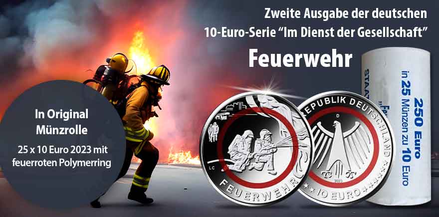 Sichern auch Sie sich 25 x 10-Euro-Münze 2023 Feuerwehr in Münzrolle! Auch als Geschenk für Ihre hauptberuflichen wie auch ehrenamtlichen Einsatzkräfte eine glänzende Idee.  