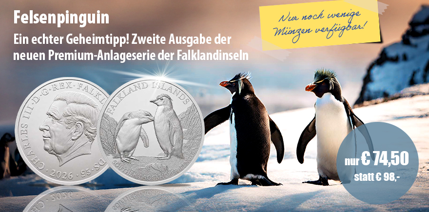 Falklandinseln 5 Pfund Felsenpinguin - 1 Unze Silber 2026