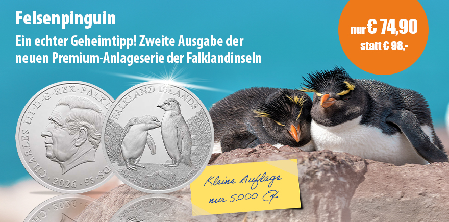 Falklandinseln 5 Pfund Felsenpinguin - 1 Unze Silber 2026