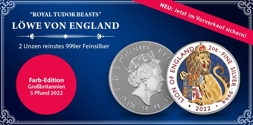 2 Unzen Silber - Tudor Beasts - Lion of England 2022 in Farbe