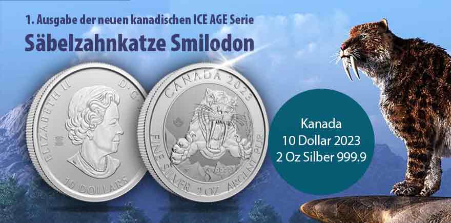 Die Erstausgabe der neuen Ice Age-Serie wird mit Stolz von Kanada präsentiert. Auf 2 Unzen feinstem 999.9 Silber wird eindrucksvoll die Smilidon-Säbelzahnkatze abgebildet, welche mit den ungewöhnlich langen Fangzähnen und ausgestreckten Pranken zum Sprung