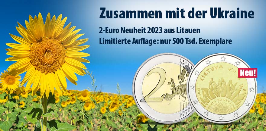 Einheit, Unterstützung und Kraft Litauen verdeutlicht seine Anteilnahme mit der 2-Euro-Gedenkmünze 2023 „Karta Su Ukraina – Zusammen mit der Ukraine“. Die stilisierten Sonnenblumen mit den Blütenblättern sollen Menschen darstellen, welche sich an den Händ