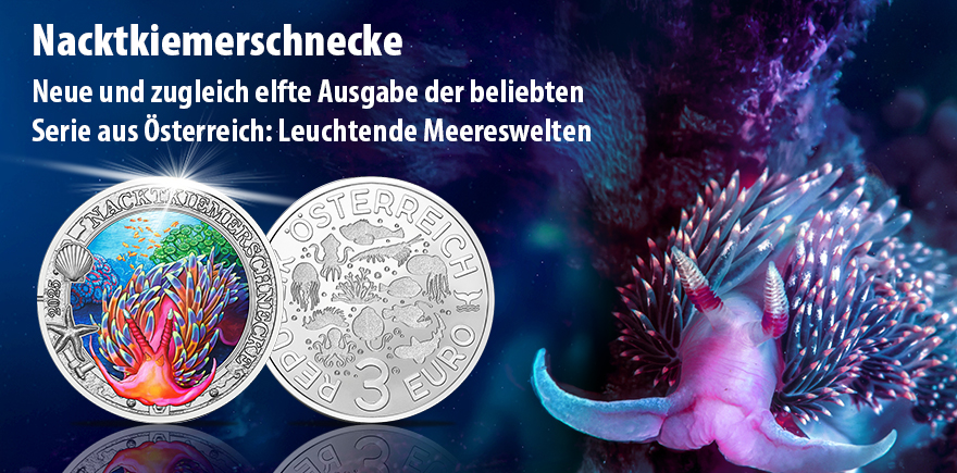 Österreich 3 Euro 2025 - Leuchtende Meereswelten - Nacktkiemerschnecke