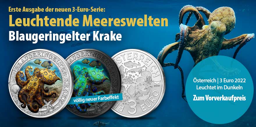 Österreich 3 Euro 2022 Blaugeringelte Kraken - Leuchtende Meereswelten