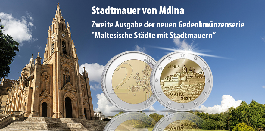 Malta 2 Euro 2025 in Coincard Stadtmauer von Mdina