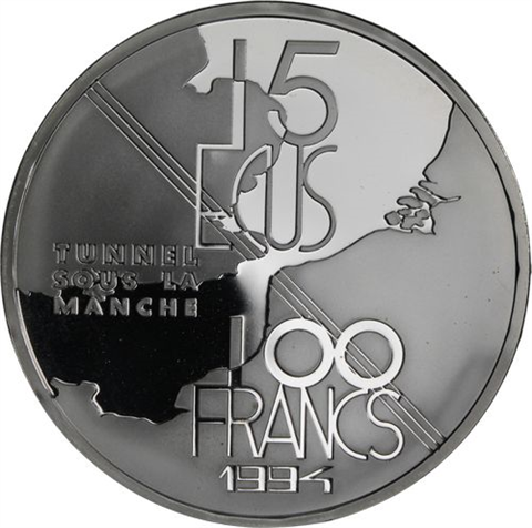 Frankreich-100 Francs 15 Ecus-1994-AGpp-Kanaltunnel-VS