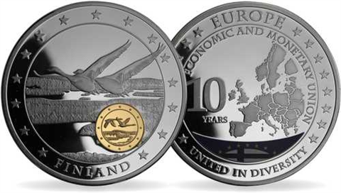 Mix-4xMedaillen-2011-PP-Vergoldet-Farbe-10Jahre Euro-Set