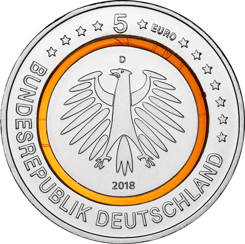 Neue 5 Euro Münze 2018 Subtropische Zone - Deutschland - Klimazone der Erde Polymerring Orange