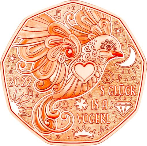 Österreich-5-Euro-Kupfer-2022-Neujahrsmünze-Glücksvogel-AV