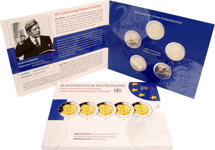 2 Euro Komplettsatz 2018 Helmut Schmidt Polierte Platte im Folder der VFS