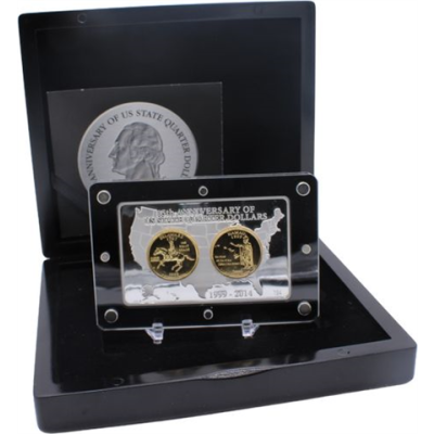USA-2xQuarter in Barren-1999-2014-AGpp-15 Jahre Quarter Dollar-Etui