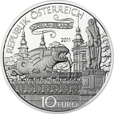Österreich-10-Euro-2011-Silber-Hgh-Der-Lindwurm-in-Klagenfurt-Folder