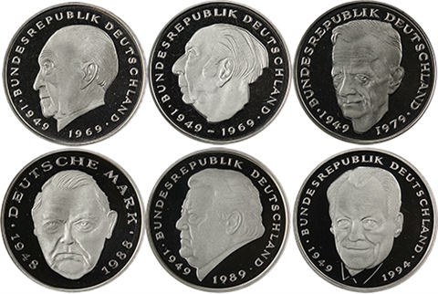 Deutschland-6x2DM-1974-2001-PP-AdenauerHeussSchumacherErhardStraußBrandt-RS