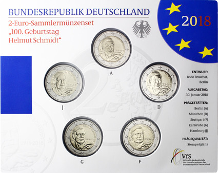 Deutschland 5 x 2 Euro 2018 stgl. Helmut Schmidt im Folder 