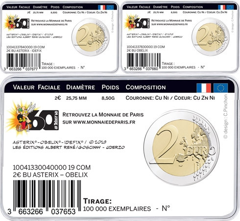 Frankreich 3 x 2 Euro 2019 Asterix Idefix Obelix 