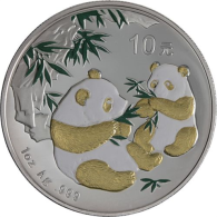 China-10 Yuan-2006-AGstgl-FD-Farbe-vergoldet-Panda-RS