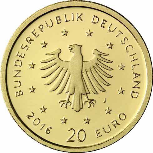 1/8 Oz Goldmünze Nachtigall - Deutschland 20 Euro Gold 2016 Mzz. J 