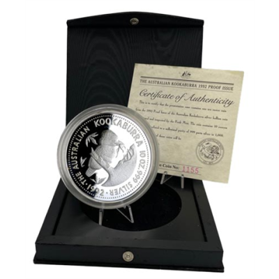 Australien-10-Dollar-1992-pp-10-oz-Silber-Kookaburra-Etui