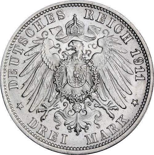 J.177a - Württemberg 3 Mark 1911 - Zur Silbernen Hochzeit mit Charlotte
