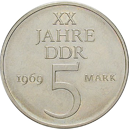 DDR 5 Mark Münze 1969 - 20 Jahre DDR Nickelprobe