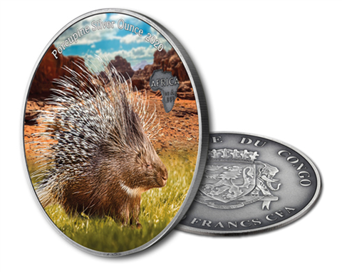1 Oz Silbermünzen Stachelschwein in Farbe
