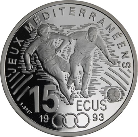 Frankreich-100 Francs 15 Ecus-1993-AGpp-Zwei Fussballspieler-RS