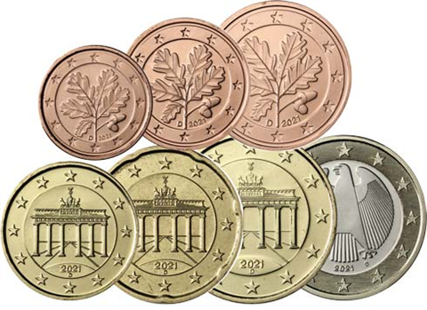 Euromünzen Deutschland 2021, 1 Cent - 1 Euro