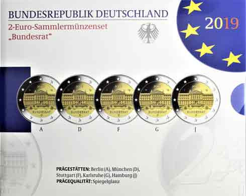 Deutschland 5 x 2 Euro 2019 PP Bundesrat Mzz. A - J im Folder