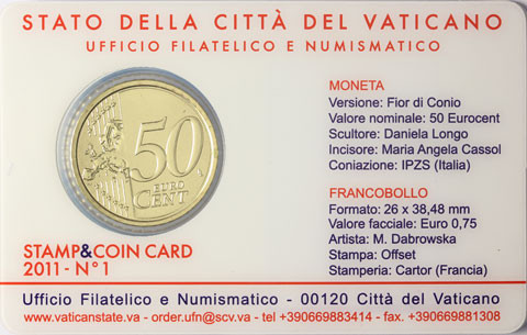 Vatikan 50 Cent 2011 stgl. Papst Benedikt XVI. Coincard Nr.1 