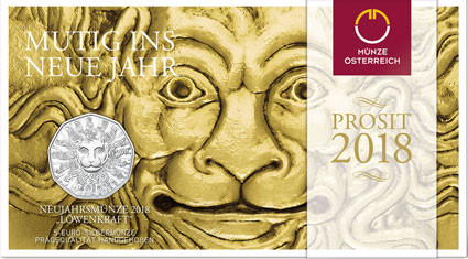 Neujahrsmünze Österreich 5 Euro Silber  2018 Löwenkraft - Mutig ins neue Jahr im Folder 