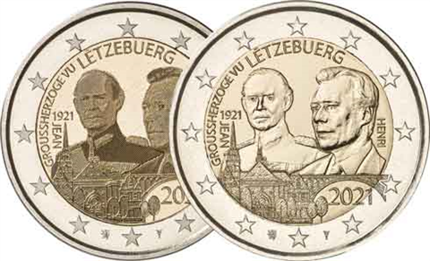 Luxemburg-2-x-2-Euro-2021-bfr-Geburtstag-Jean-Henri-Foto--und-Reliefprägung