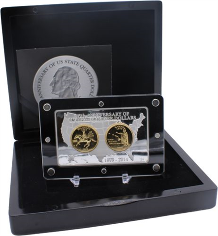 USA-2xQuarter in Barren-1999-2014-AGpp-15 Jahre Quarter Dollar-Etui