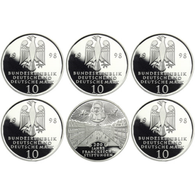 Deutschland-5x10-DM-Silber-1998-PP-300-Jahre-Frankische-Stiftungen-ADFGJ