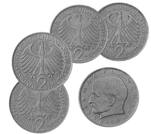  Deutschland 2 Mark 1957 Max Planck Mzz. D, F, G, J