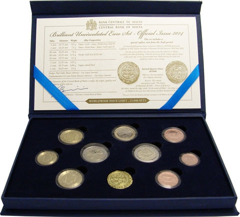 Euro Kursmünzensatz Malta 2014 mit 2 Euro Unabhänigkeit mit Münzmeisterzeichen 