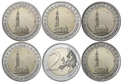 Deutschland 2 Euro 2008 bfr. Hamburger Michel im Satz A - J
