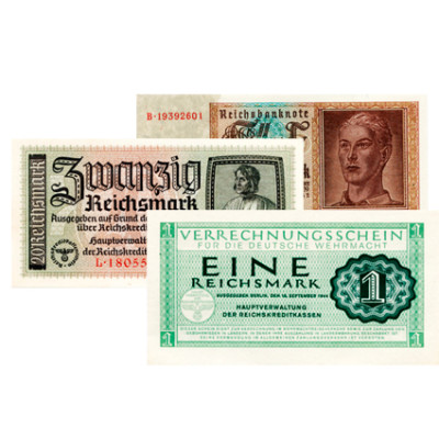 Banknoten - 3 Banknoten 1 ,2 und 5 Reichsmark kassenfrisch