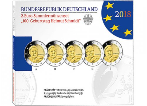 Deutschlande 2 Euro-Satz 2018 Helmut Schmidt PP im Folder
