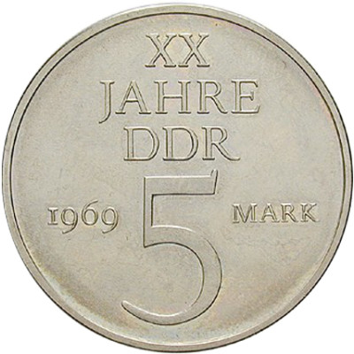 DDR 5 Mark Münze 1969 - 20 Jahre DDR Nickelprobe