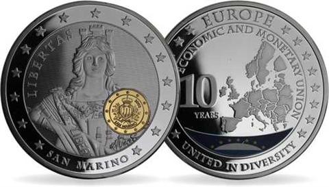 Mix-4xMedaillen-2011-PP-Vergoldet-Farbe-10Jahre Euro-Set