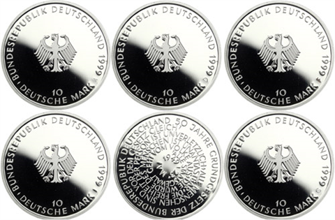 Deutschland-5x10DM-1999-AgPP-Grundgesetz-MzzADFGJ
