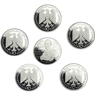 Deutschland 10 DM Silber 1997 PP 200. Geburtstag von Heinrich Heine Mzz. A bis J