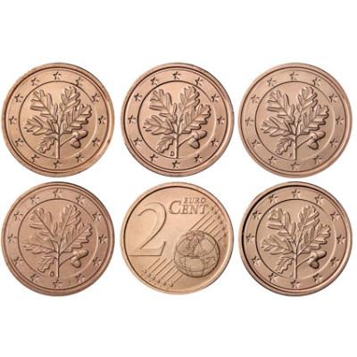 Kursmünzen 2 Euro-Cent Deutschland 2014 in Stempelglanz mit Eichenzweig 