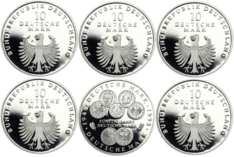 Deutschland-5x10-DM-Silber-1998-PP-50-Jahre-Deutsche-Mark-MzzADFGJ