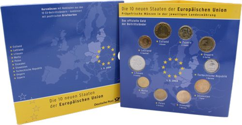 Mix-10xWert-Kursmünzen der 10 EU-Ländern mit Briefmarken-Folder