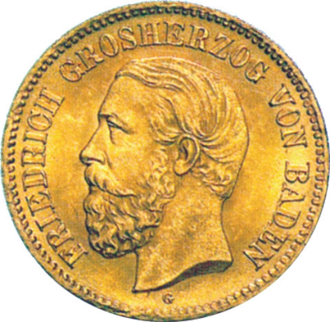J.185 -  Baden  5 Mark 1877  Friedrich I. Gold