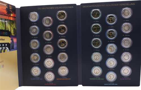Deutschland-30x5 Euro-Stgl-vergoldet-5-Euro-Polymer-Gedenkmünzen-Folder
