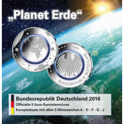 BRD 5 Euro 2016  stgl  Planet Erde  Satz mit allen 5 Mzz. A-J im Folder